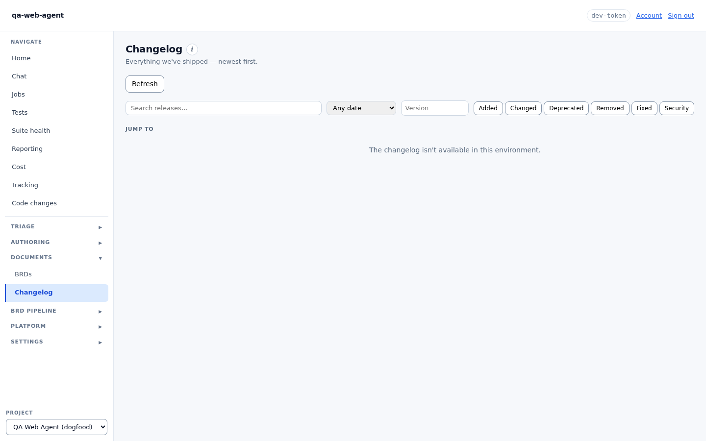 The Changelog view: a browsable release feed with search, date and category filters, deep links and the awaiting-review section.